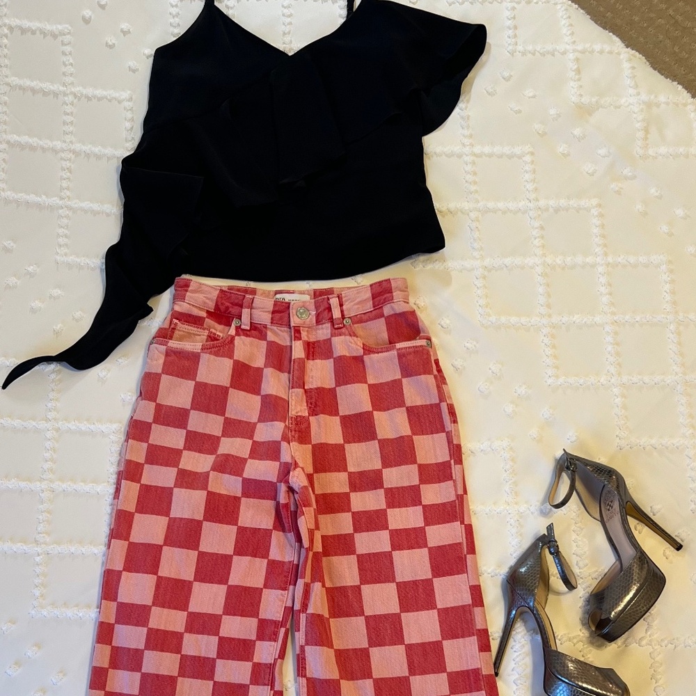 ZARA High Rise Wide Leg Red and Pink Checkered Print SIZE 6
